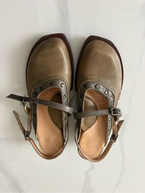 John Fluevog Metallic Brown Mary Jane Slingback Mules